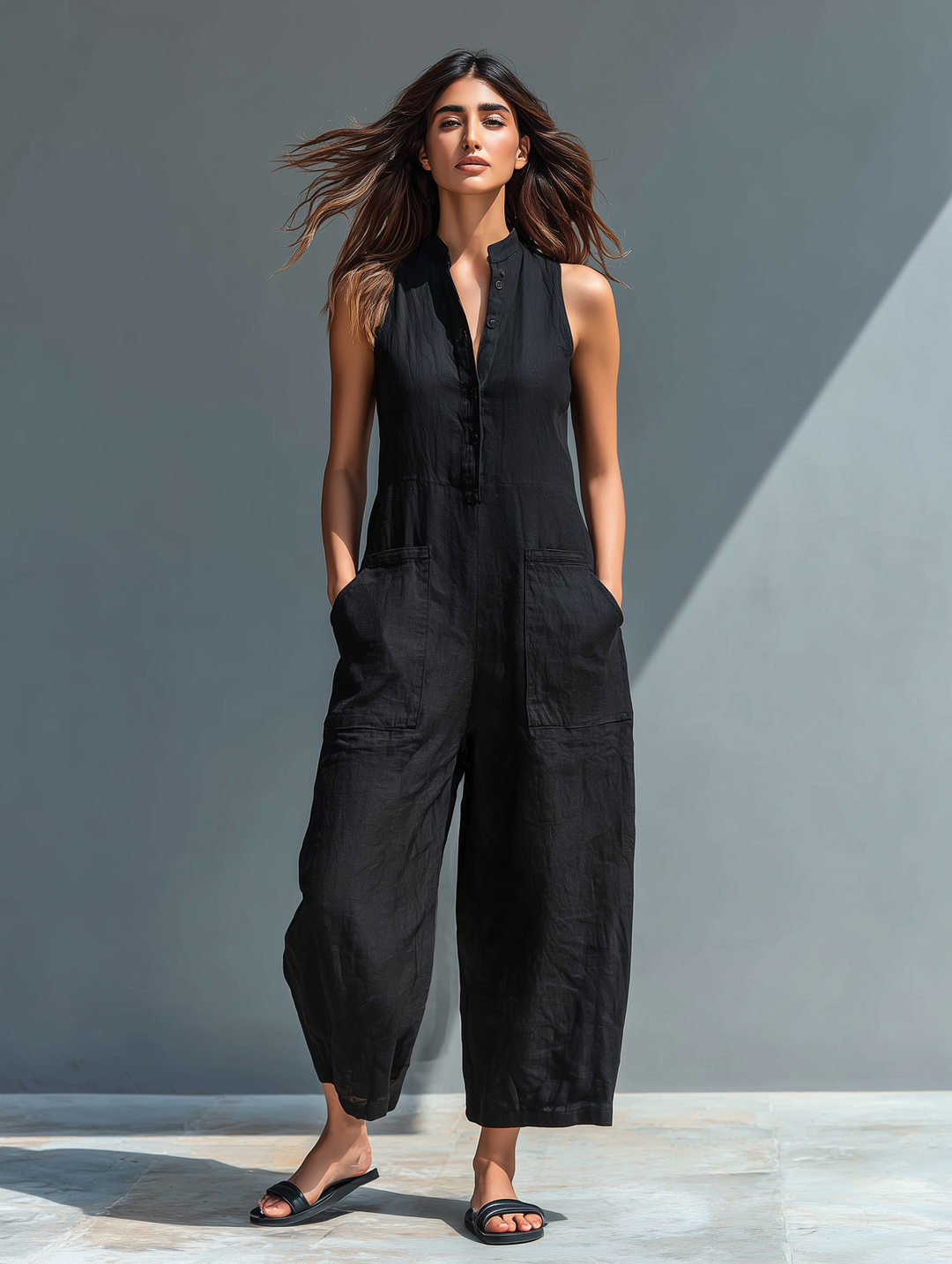 Minimalistischer Damen-Jumpsuit mit Stehkragen, Knopfleiste und lässiger, lockerer Passform