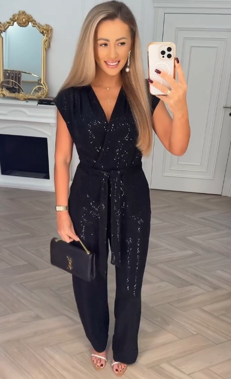 Pailletten-Einfarbiger Jumpsuit mit Bindungsdetail