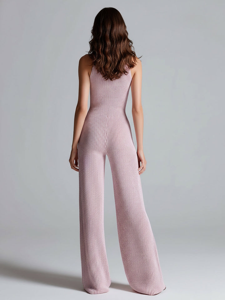 ElevenOra Stilvoller Pinker Ärmelloser Jumpsuit mit Stehkragen, Reißverschluss vorne, Tailliertem Bund und Weitem Bein im Ribstrickdesign