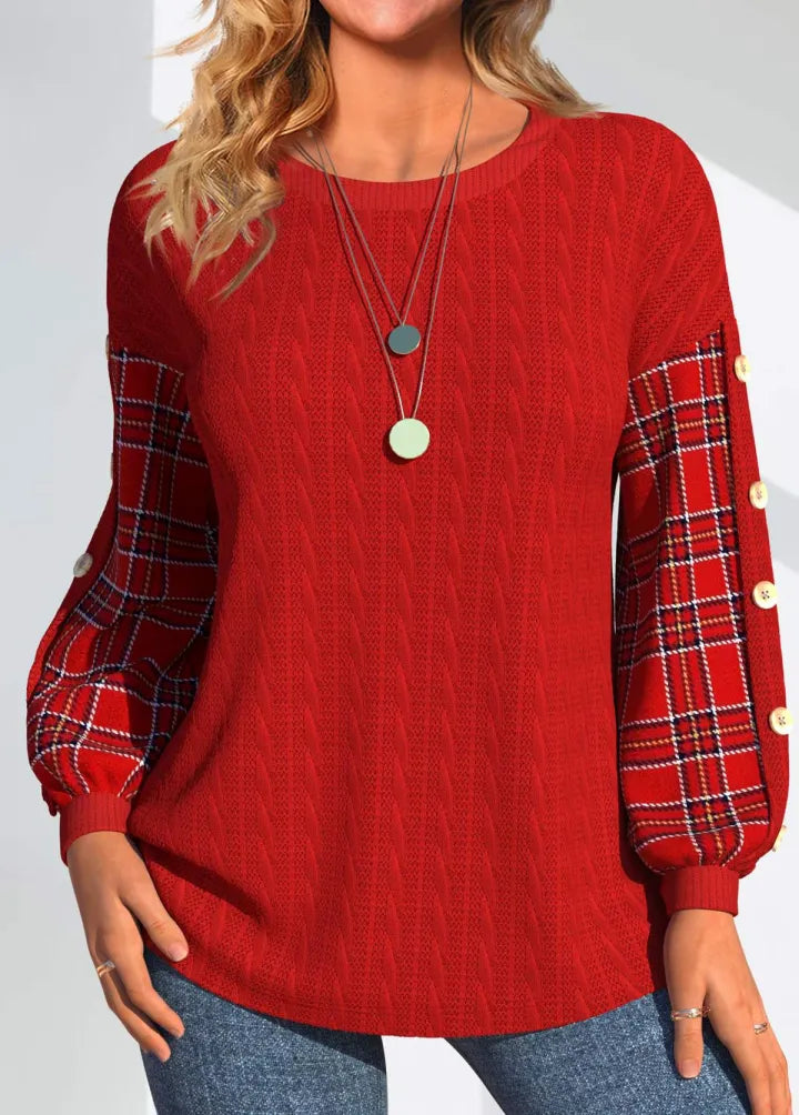 Ida | Roter Pullover mit karierten Ärmeln