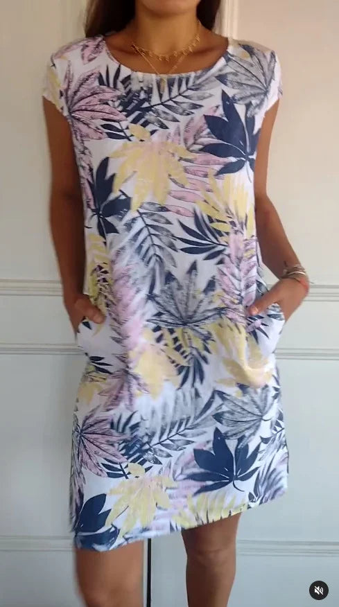 Damen Baumwolle Leinen Bedrucktes Sommerkleid mit Taschen