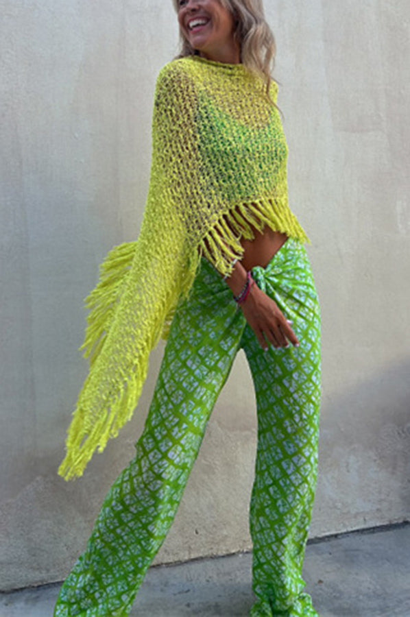 Sonnenuntergang Brise Quasten Strick Cover-Up mit Ausschnitt-Design