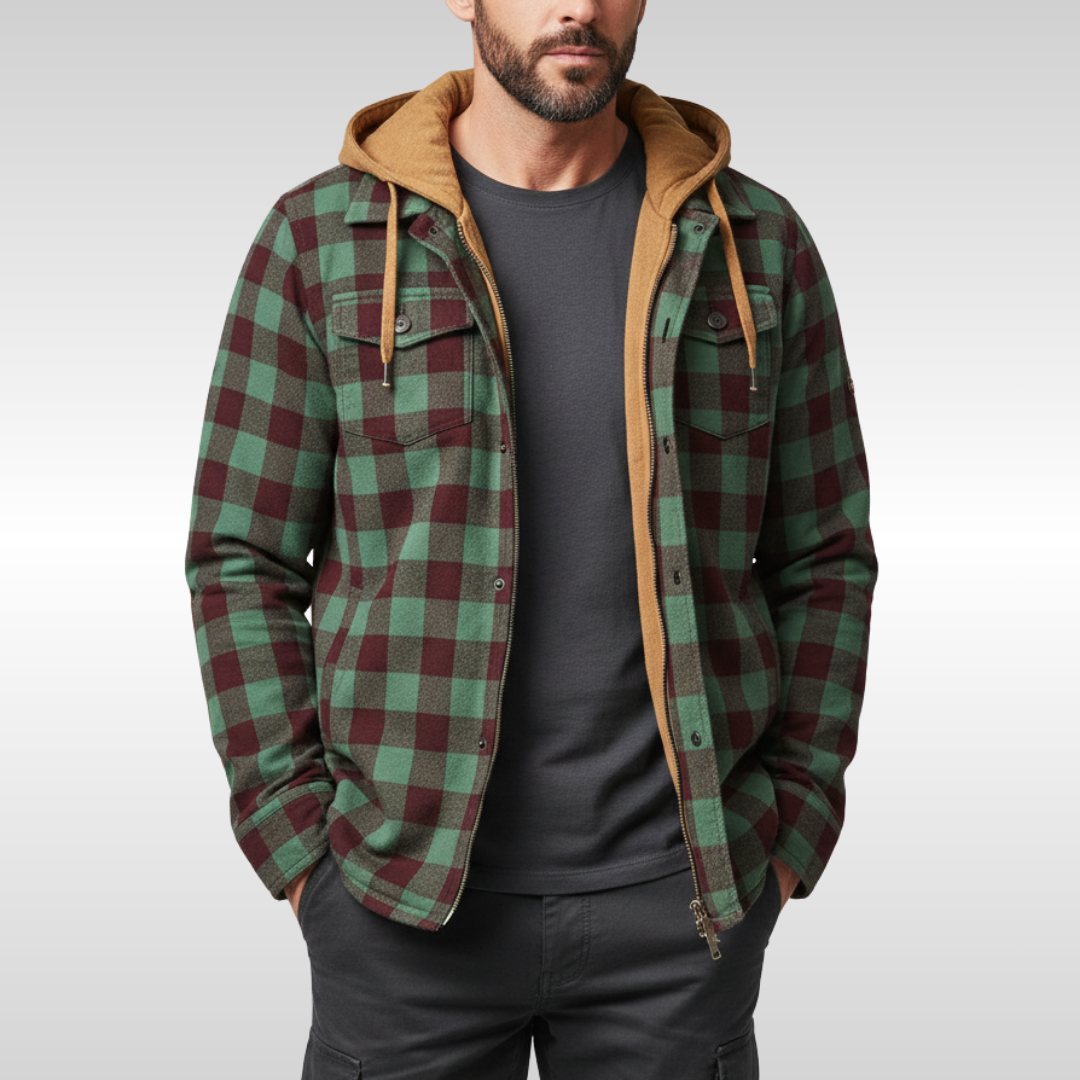 Rowan | Giacca da uomo a quadri con cappuccio, tasche e bottoni