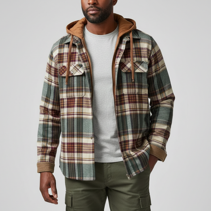 Rowan | Giacca da uomo a quadri con cappuccio, tasche e bottoni