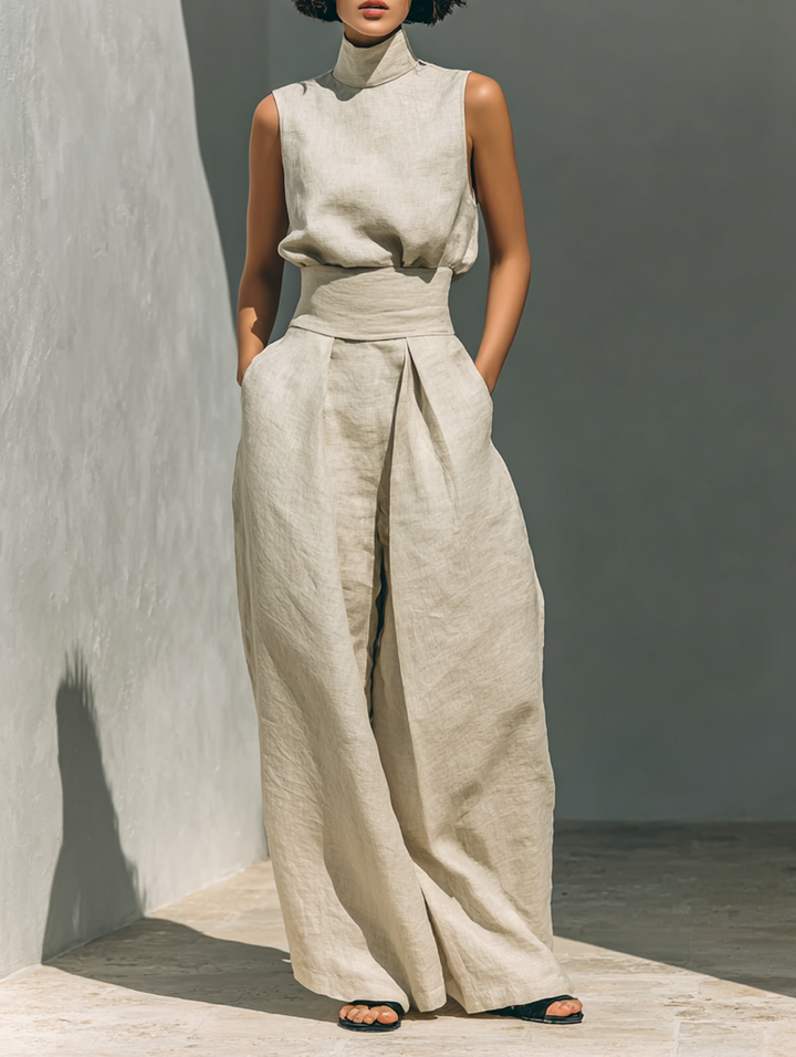 Minimalistisches ärmelloses Blusen- und Hosen-Set für Damen mit weitem Bein