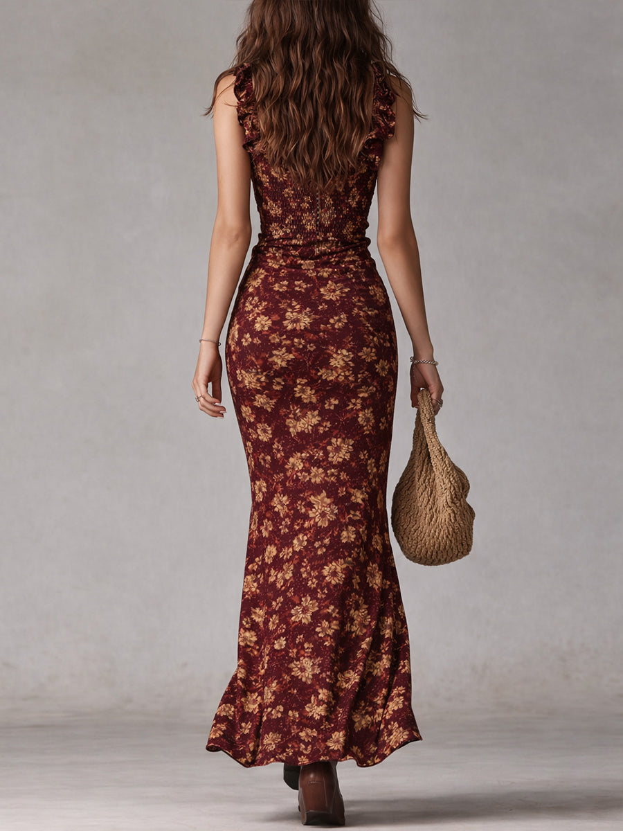 Maya™ | Boho Retro Rüschensleeves Maxikleid mit hohem Schlitz