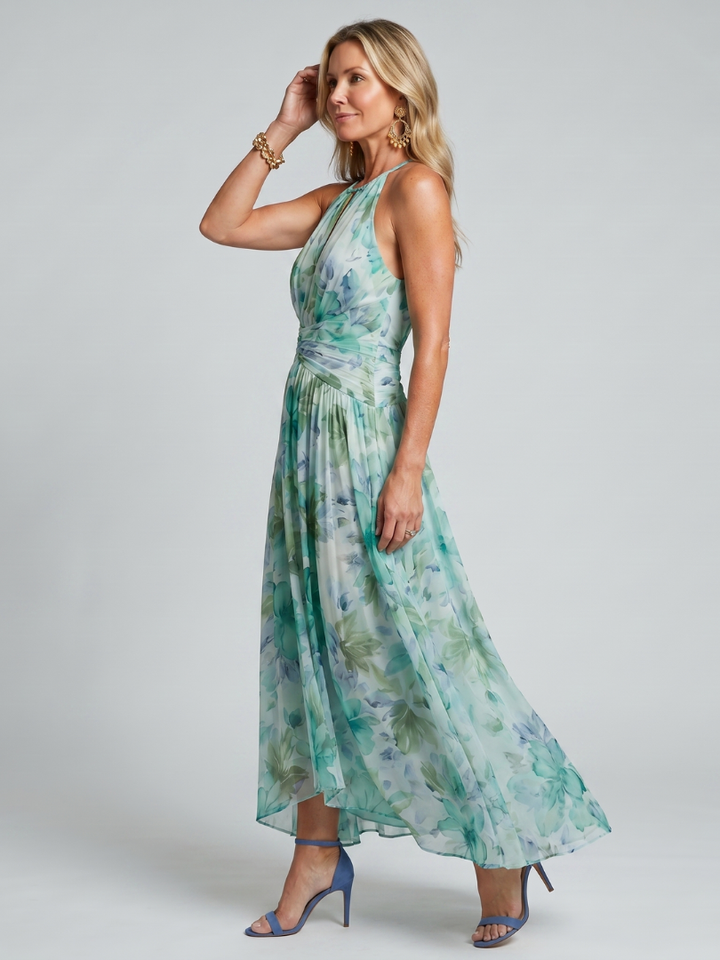 Portia | Plissiertes Halfter Kleid mit weichem Blumenmuster in Midi-Länge