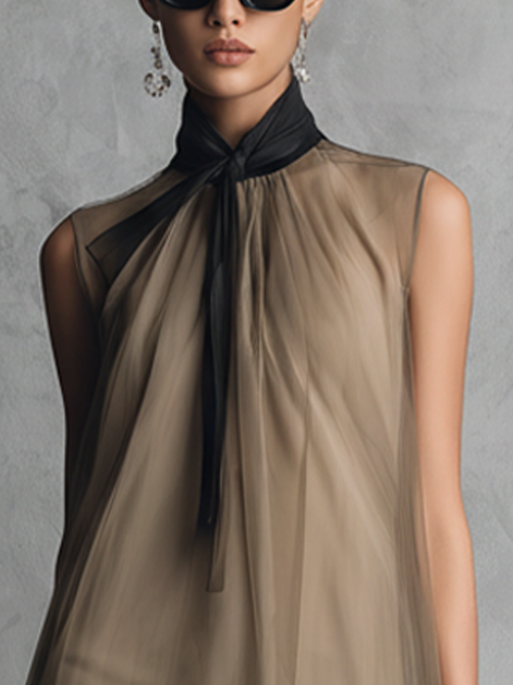 Leichtes, luxuriöses Damen-Freizeitkleid in Khaki und Braun mit Farbblockmuster