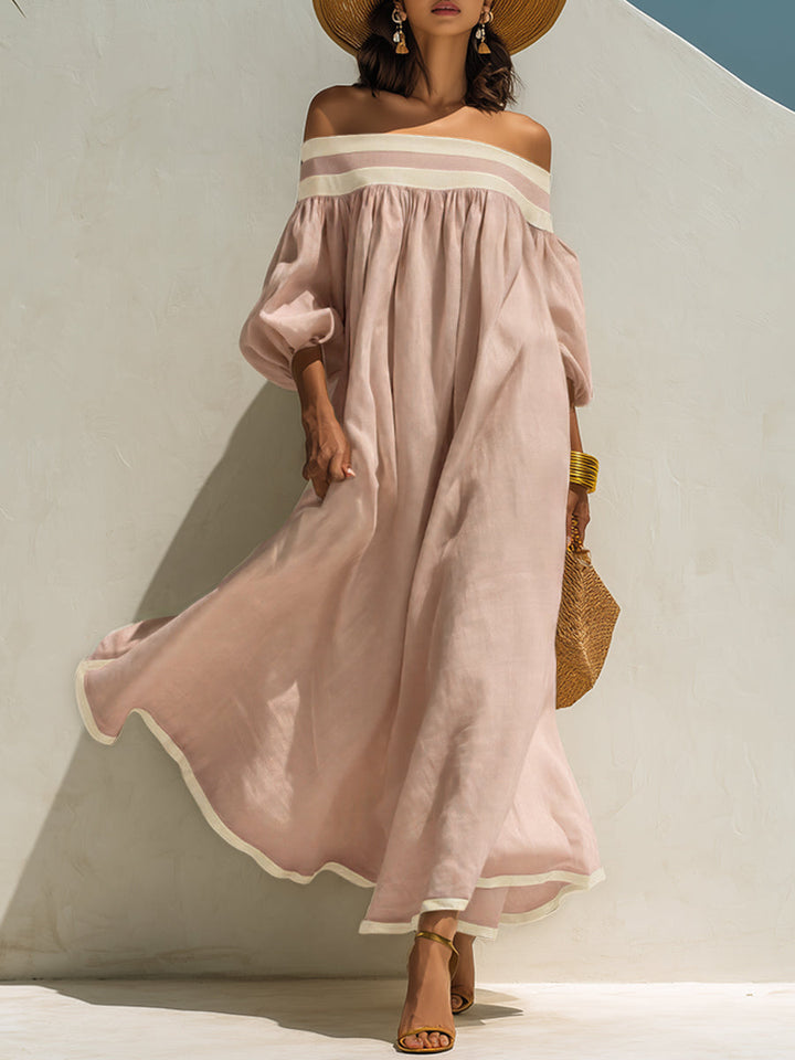 Beige Off-Shoulder Maxikleid mit lockerem Schnitt und Farbblockdesign