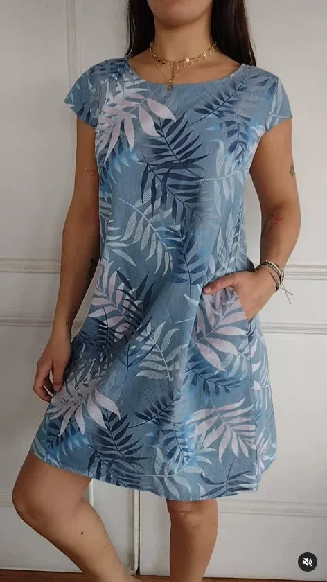Damen Baumwolle Leinen Bedrucktes Sommerkleid mit Taschen