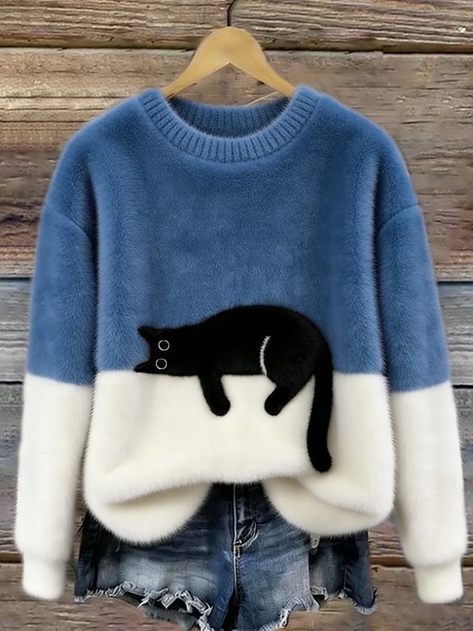 Pullover oversize da donna con design color block e motivo a gatti