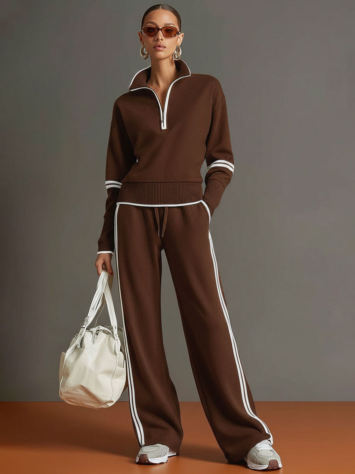 Vintage-inspirierter grauer und weißer Halbzip-Sweatshirt mit weitem Hosen-Set