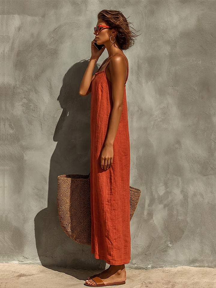 Rotes Damenkleid mit Spaghettiträgern und eckigem Ausschnitt, zeitloser Boho-Resort-Stil