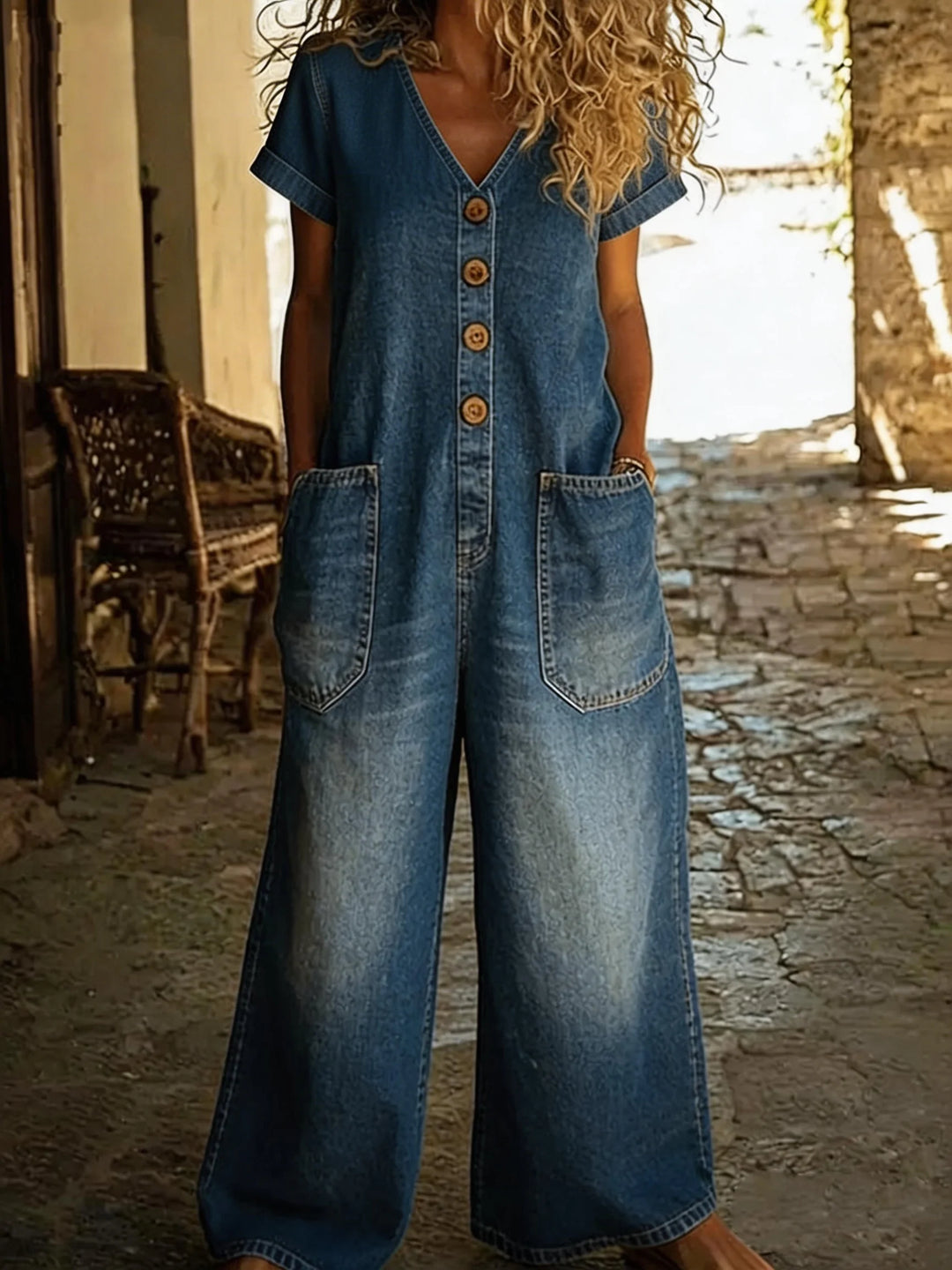 Denise | Denim-Overall mit V-Ausschnitt und kurzen Ärmeln