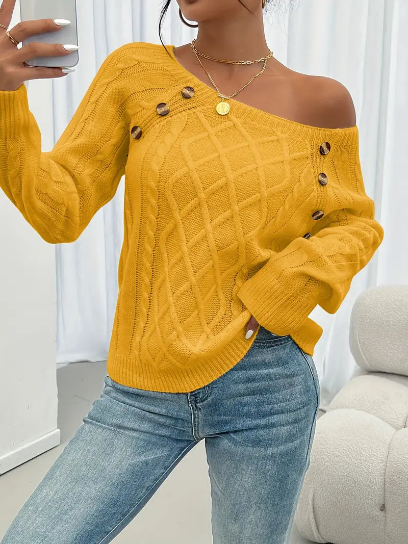 Lina - Langärmeliger Pullover Mit Zopfmuster, Lässiger Pullover Mit Rundhalsausschnitt