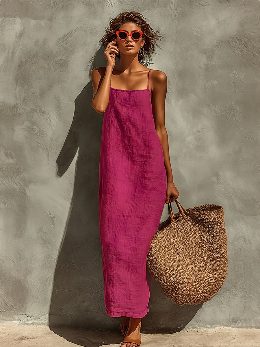 Rotes Damenkleid mit Spaghettiträgern und eckigem Ausschnitt, zeitloser Boho-Resort-Stil