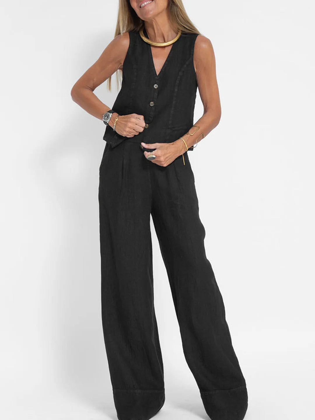 Aira - Geknöpfter Weste & Weite Hose Set