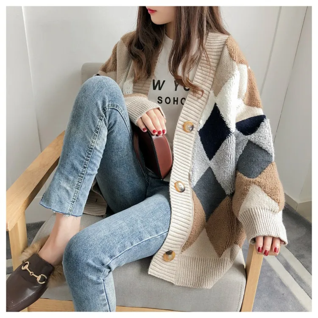 Damen Cardigan mit Karomuster und V-Ausschnitt