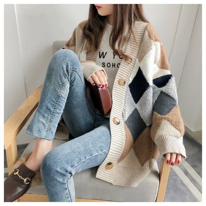 Damen Cardigan mit Karomuster und V-Ausschnitt
