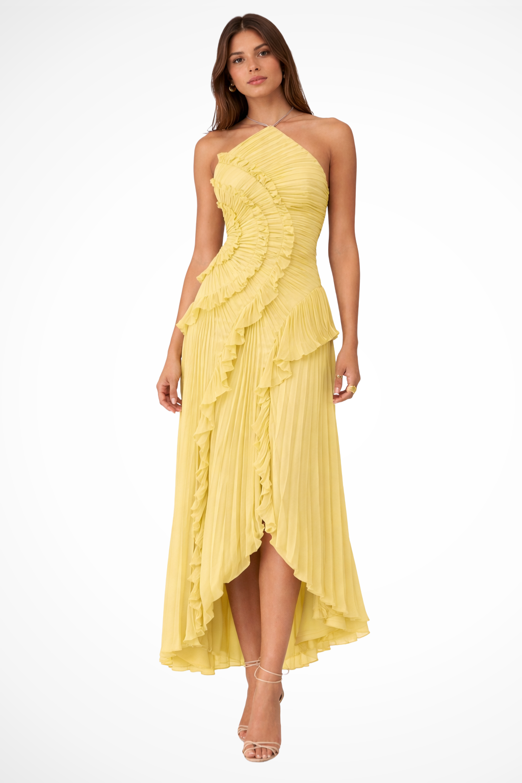 Imogen | Damen Rückenfreies Rüschensmaxikleid mit ärmellosem Halterdesign für Sommerhochzeiten
