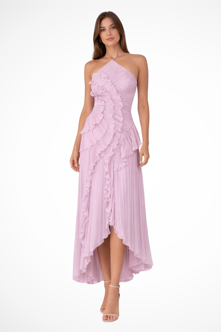 Imogen | Damen Rückenfreies Rüschensmaxikleid mit ärmellosem Halterdesign für Sommerhochzeiten