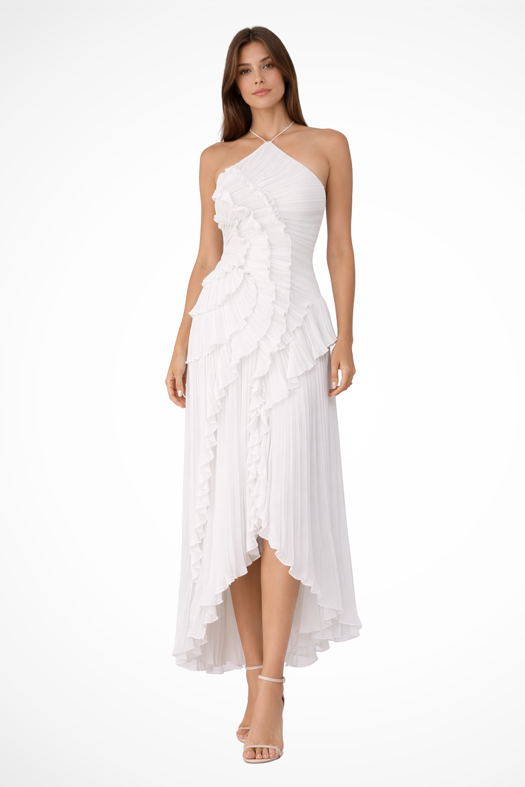 Imogen | Damen Rückenfreies Rüschensmaxikleid mit ärmellosem Halterdesign für Sommerhochzeiten