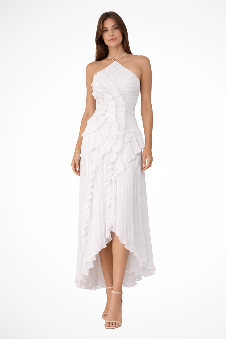 Imogen | Damen Rückenfreies Rüschensmaxikleid mit ärmellosem Halterdesign für Sommerhochzeiten