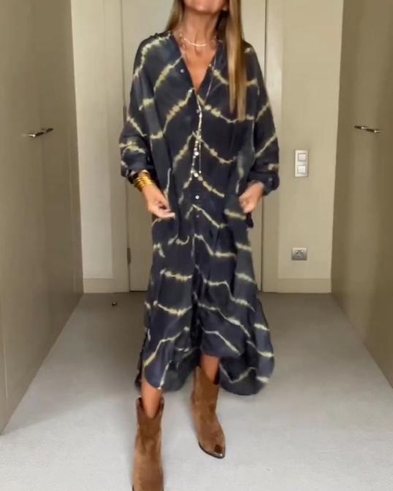 Bella™ – Boho-Streifen Maxikleid mit langen Ärmeln
