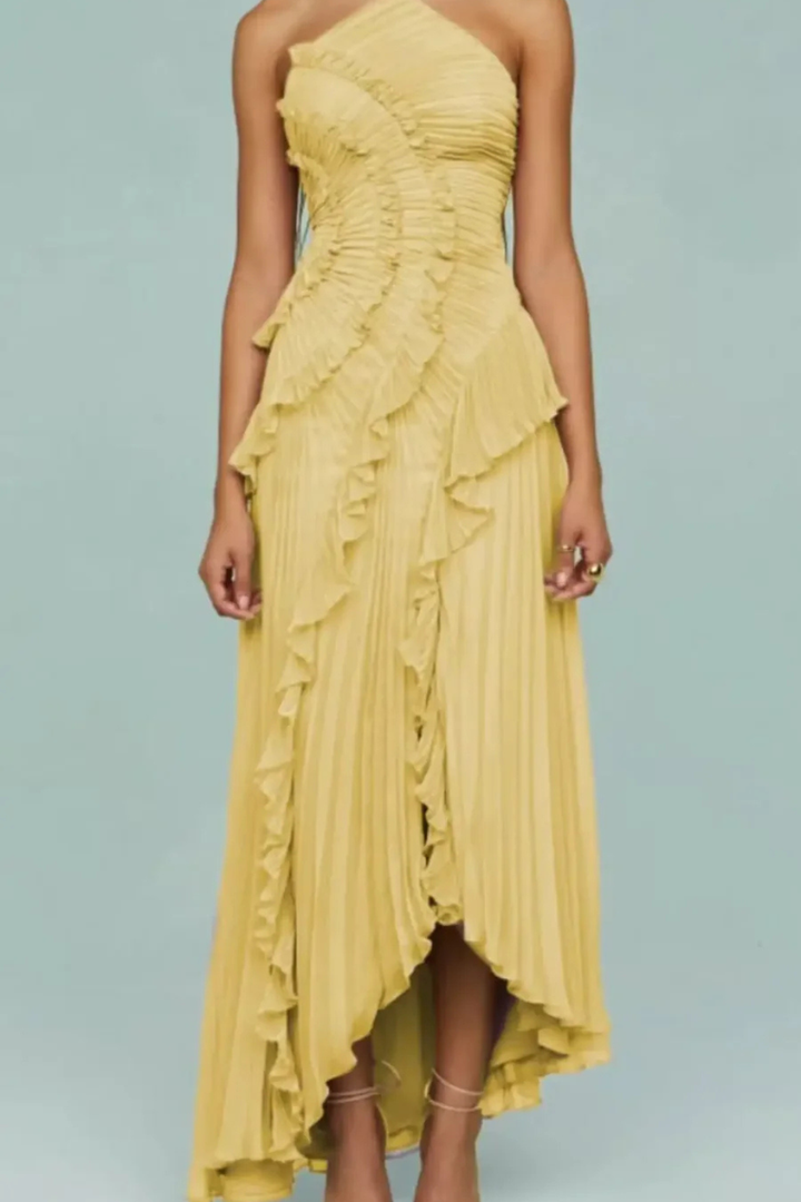 Imogen | Damen Rückenfreies Rüschensmaxikleid mit ärmellosem Halterdesign für Sommerhochzeiten