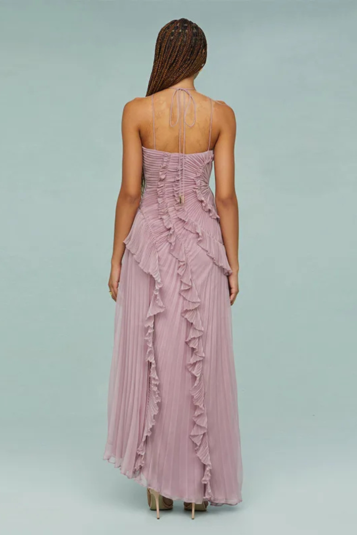 Imogen | Damen Rückenfreies Rüschensmaxikleid mit ärmellosem Halterdesign für Sommerhochzeiten