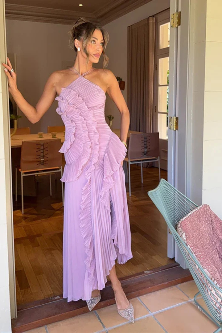Imogen | Damen Rückenfreies Rüschensmaxikleid mit ärmellosem Halterdesign für Sommerhochzeiten