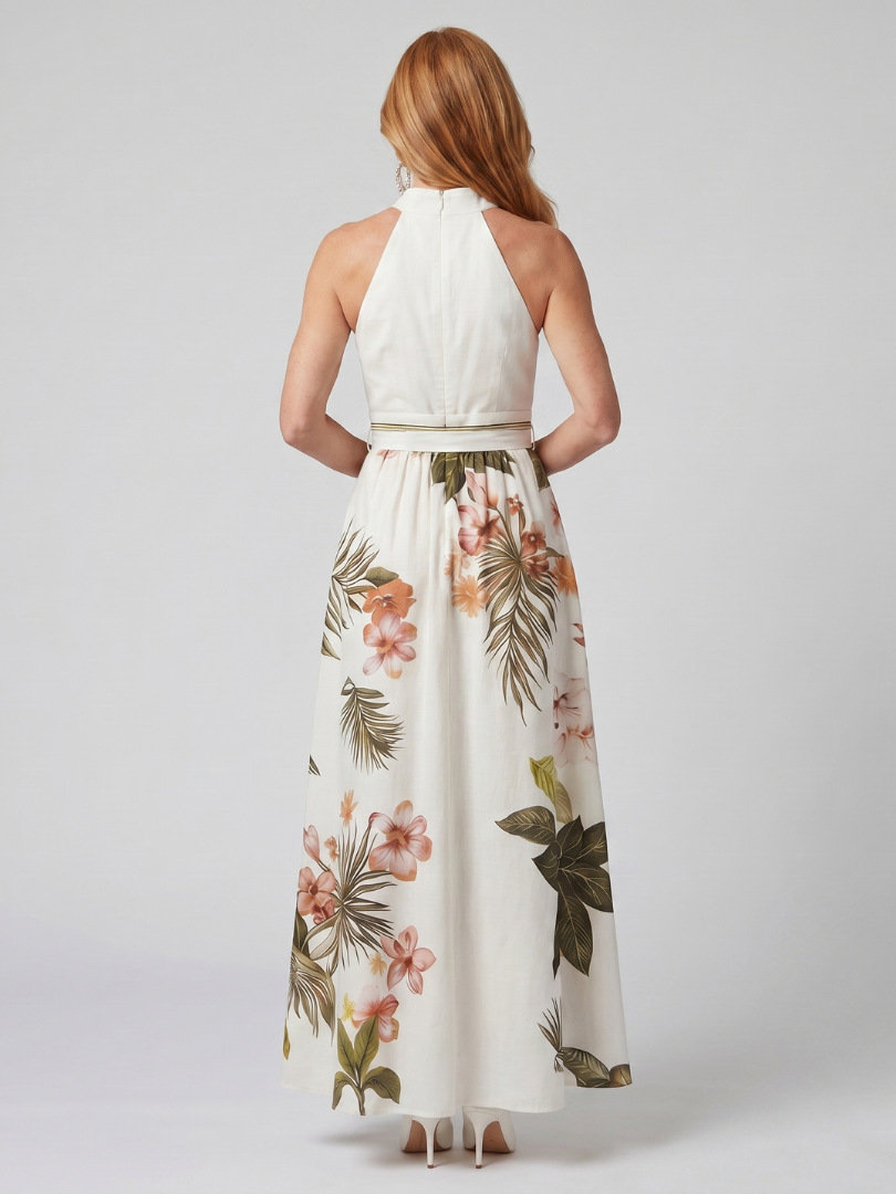 Wiese | Drapiertes Halter-Botanik-Paneel-Maxikleid