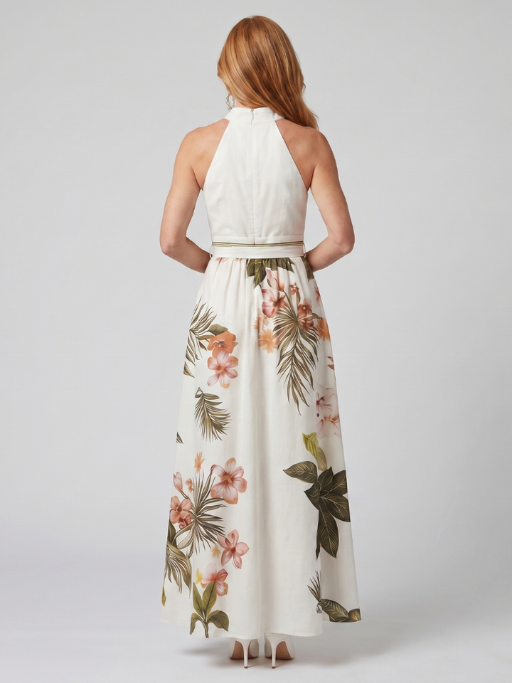 Wiese | Drapiertes Halter-Botanik-Paneel-Maxikleid