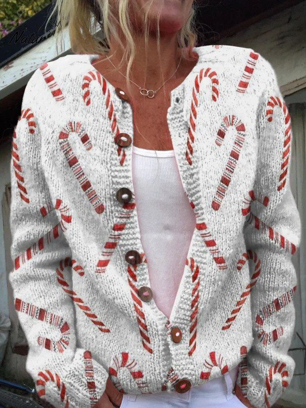 Festliches Zuckerstangen-Dekorationsmuster | Knopf-Cardigan-Pullover