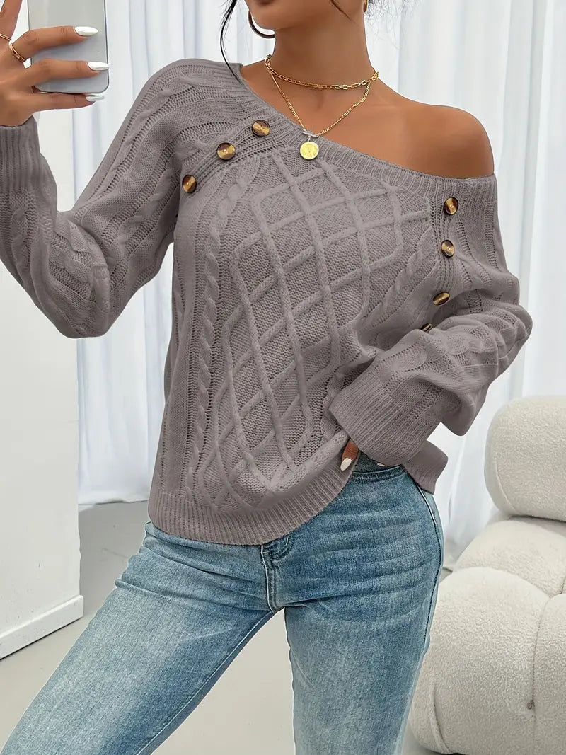 Lina - Langärmeliger Pullover Mit Zopfmuster, Lässiger Pullover Mit Rundhalsausschnitt