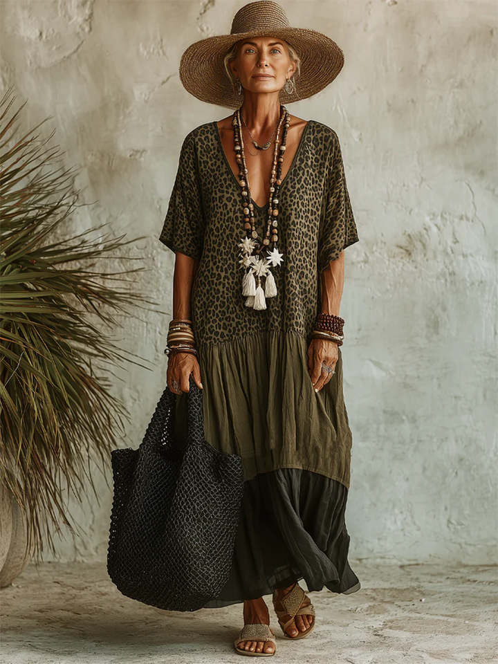 Damen V-Ausschnitt Maxikleid mit Leopardenmuster