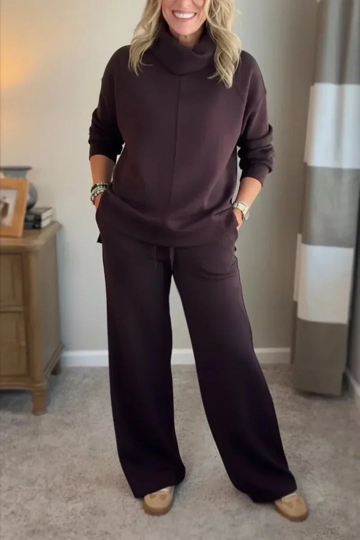 Aivra | Conjunto de dos piezas para mujer con cuello alto, mangas largas, pantalón de pierna ancha y bolsillos