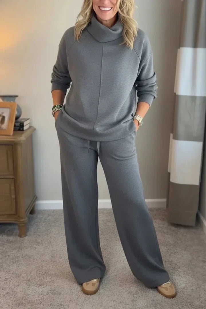 Aivra | Conjunto de dos piezas para mujer con cuello alto, mangas largas, pantalón de pierna ancha y bolsillos