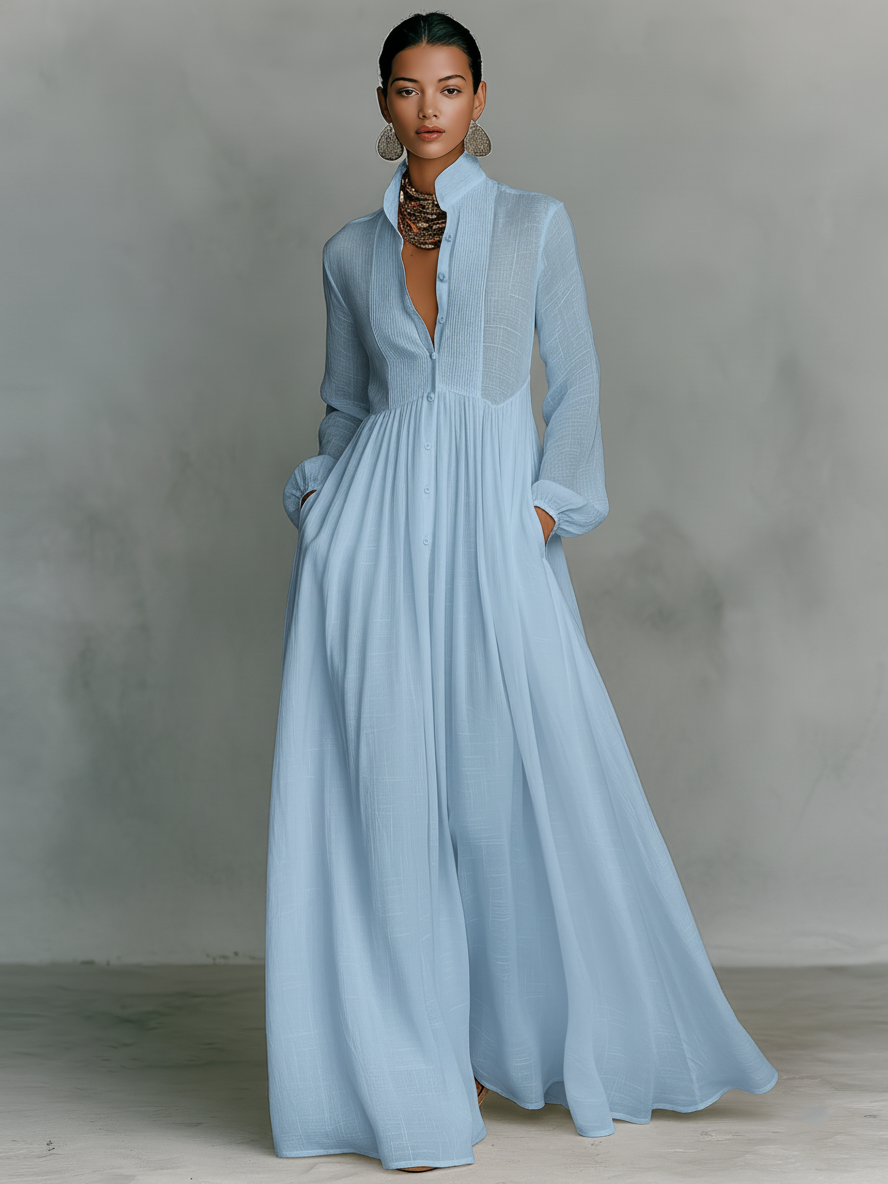 Minimalistisches Patchwork-Maxikleid für Damen mit Stehkragen, Stehkragen und langen Ärmeln, einreihig geknöpft.