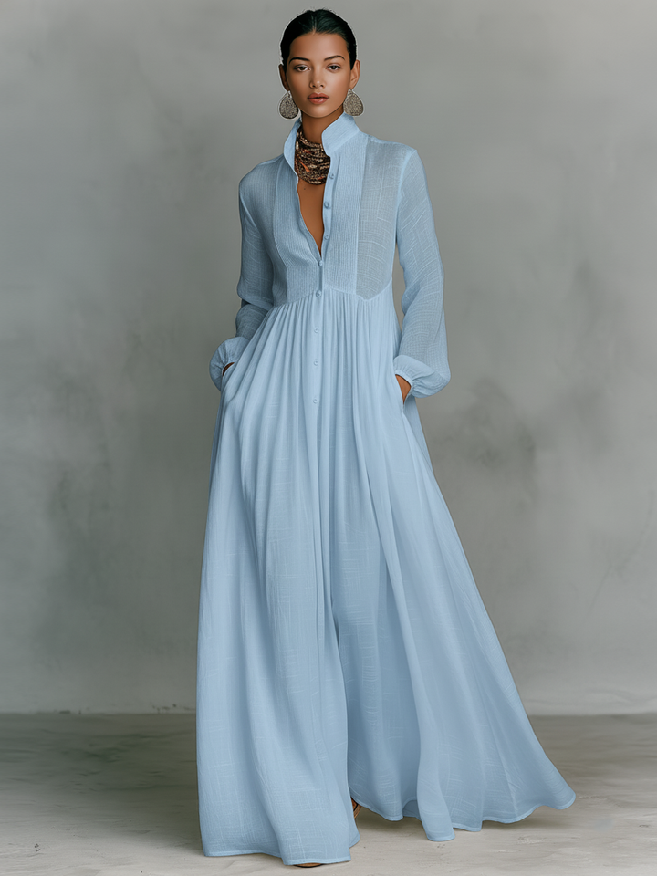 Minimalistisches Patchwork-Maxikleid für Damen mit Stehkragen, Stehkragen und langen Ärmeln, einreihig geknöpft.
