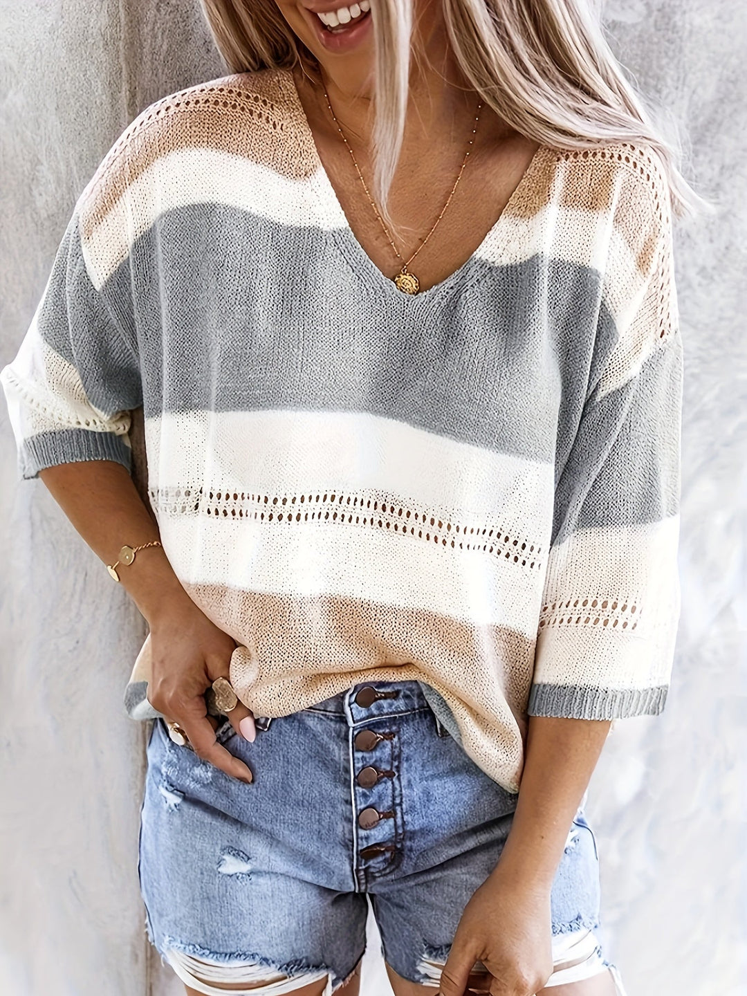 Olga™ - Lässiger gestreifter V-Ausschnitt Pullover