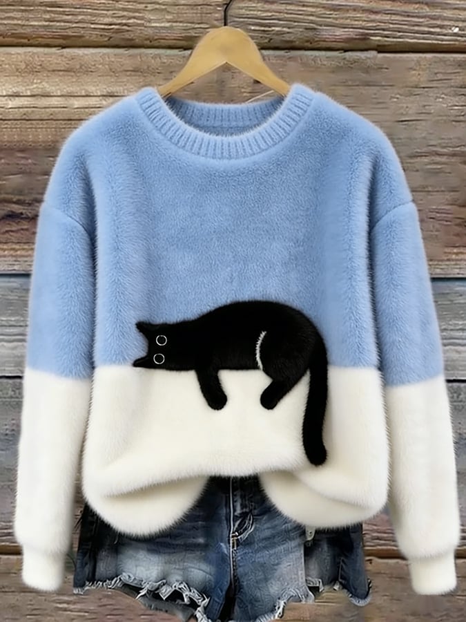 Pullover oversize da donna con design color block e motivo a gatti