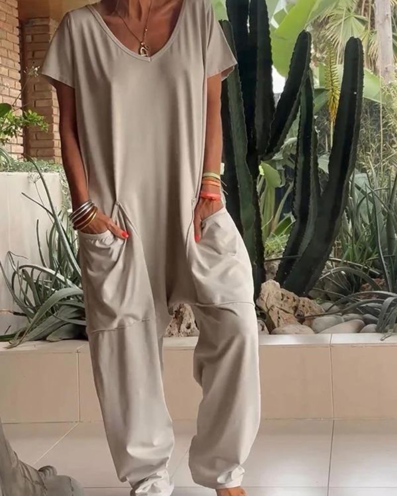 Yelena™ - Lässiger V-Ausschnitt Einfarbiger Jumpsuit
