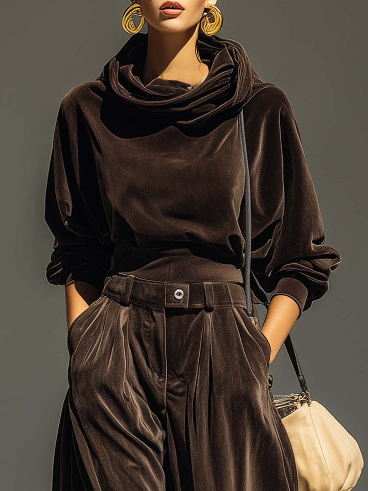 Retro Brauner Samt Hoodie und Entspannte Hose Set (Gürtel Inklusive)