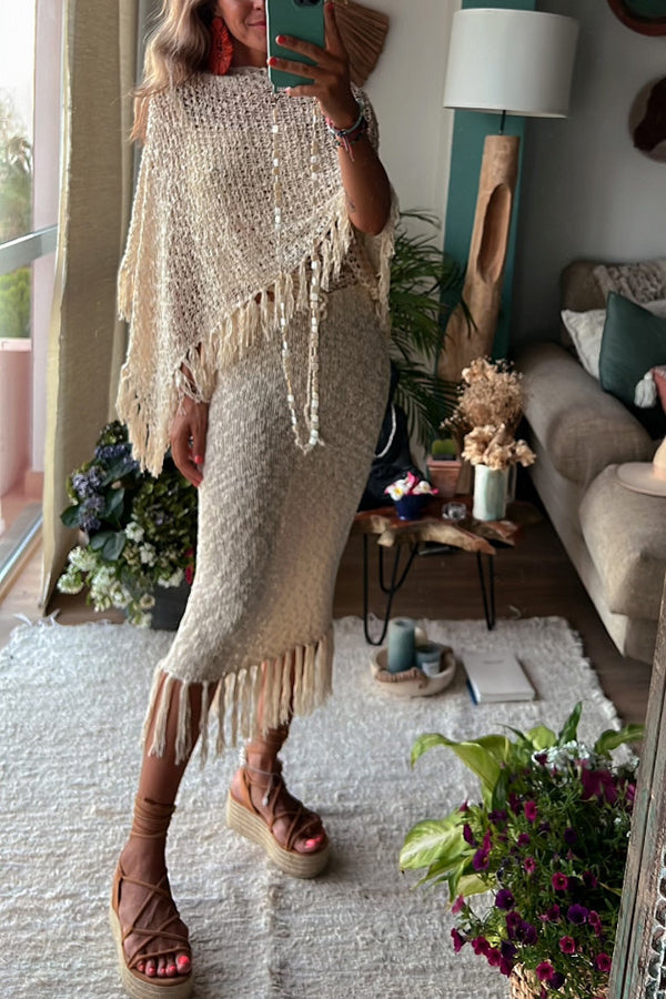 Sonnenuntergang Brise Quasten Strick Cover-Up mit Ausschnitt-Design