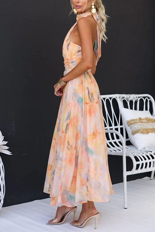 Aurora™ - Elegantes Maxikleid mit Halterneck und Aquarelldruck