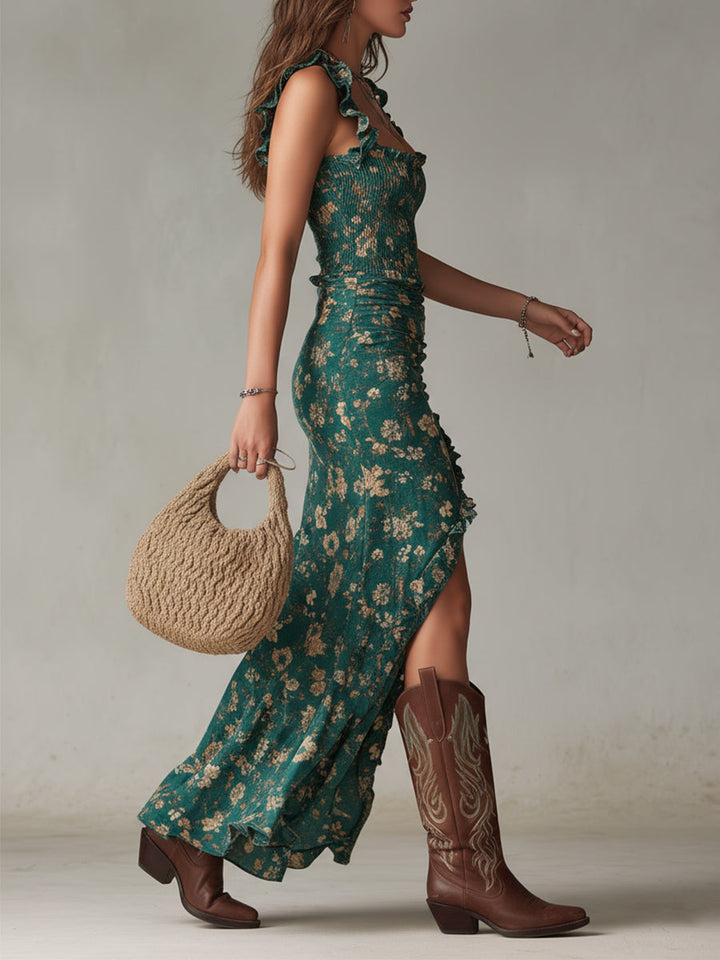 Maya™ | Boho Retro Rüschensleeves Maxikleid mit hohem Schlitz