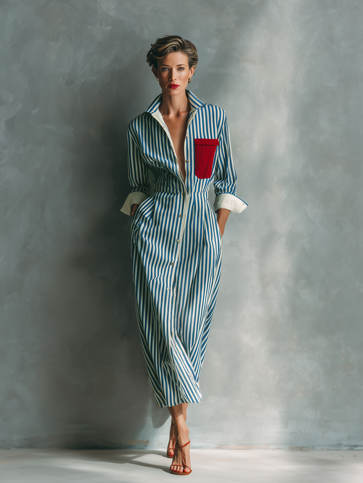 Damenhemdkleid in Blau und Weiß mit roter Brusttasche