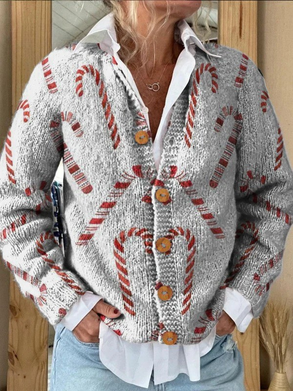 Festliches Zuckerstangen-Dekorationsmuster | Knopf-Cardigan-Pullover