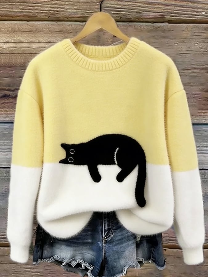 Pullover oversize da donna con design color block e motivo a gatti